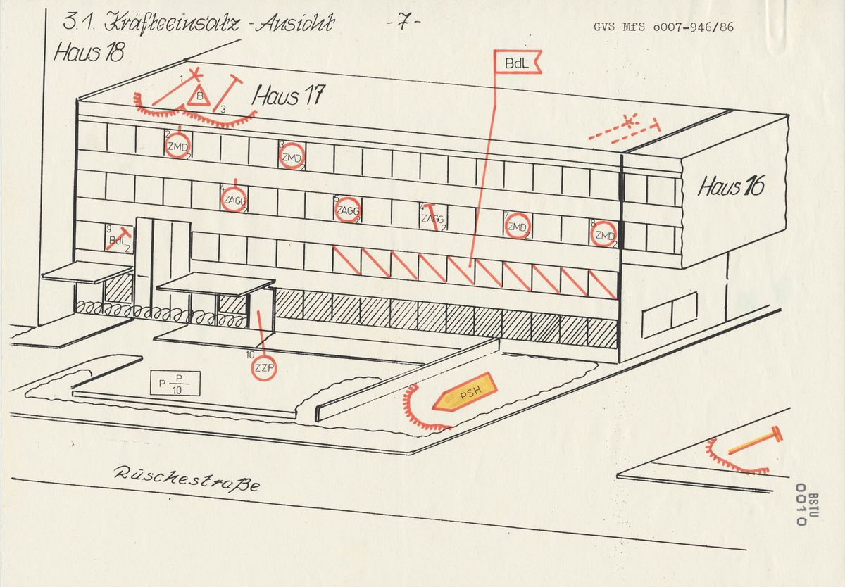 Die "Skizze zum Kräfteeinsatz" am Tor zur Ruschestraße der Stasi-Zentrale zeigt, wie massiv die Verteidiger ihre Stellung ausbauen wollten