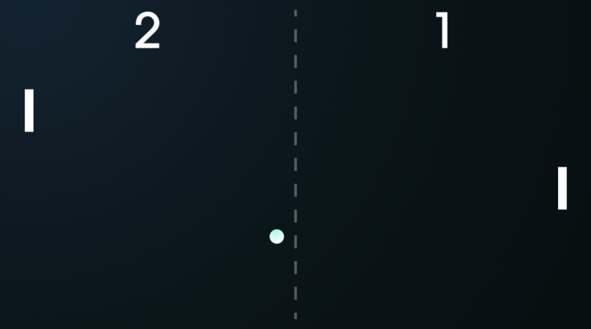 Spielbildschirm des Videospiels "Pong". Zu sehen ist ein schwarzer Bildschirm. Auf der linken und der rechten Seite befindet sich jeweils ein vertikaler weißer Balken. In der Mitte ist ein weißer Punkt (Ball) zu sehen, der von den Spielerinnen und Spielern mithilfe der weißen Balken über eine gestrichelte Linie in das gegnerische Feld gespielt werden muss. Am oberen Ende des Bildschirms ist der Punktestand zu sehen (2:1)