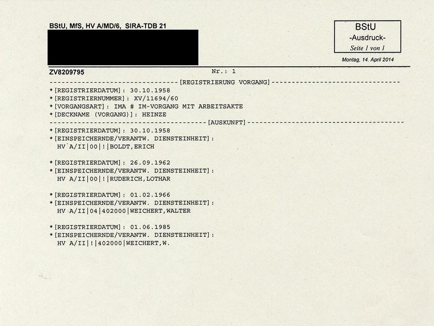 Registrierung von "Heinze" in der Teildatenbank 21 vom 30. Oktober 1958