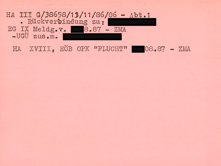 [Zu sehen ist die Rückseite des roten "Formablatts 401 mit Hinweisen zu der betroffenen Person.] HA III G/38658/13/11/86/06 - Abt.1 - Rückverbindung zu: [anonymisiert] EG IX Meldg.v. [anonymisiert].08.87 - ZMA - UGÜ zus.m. [anonymisiert]  HA XVIII, EÖB OPK "Flucht" [anonymisiert].08.87 - ZMA