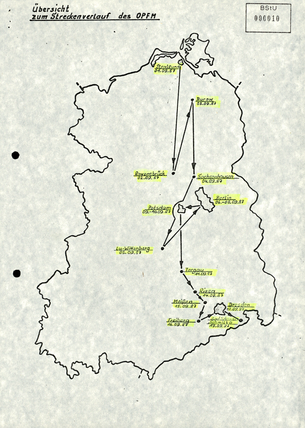 Die Karte zeigt den zeitlichen Streckenverlauf des Olof-Palme-Friedensmarsches in der DDR